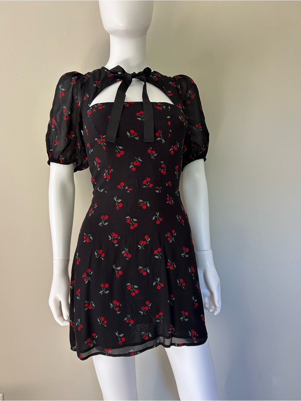 Reformation Cherry Print Mini Dress Size 0Black Puff Sleeve Tie Neck Cottagecore
